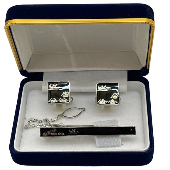 Retro Vintage Cuff Links & Tie Clip Set Silver with 24K Gold Inlay - Picture 1 of 9